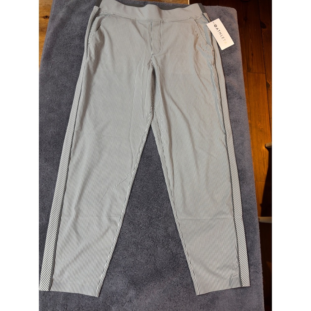 Athleta Brooklyn Textured Ankle Pant Grey White Stripe Size 12 NWT 988050-00-2